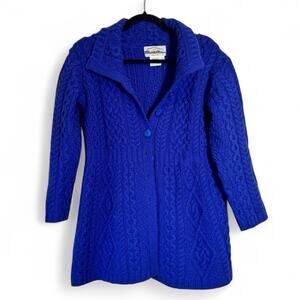 Aran Crafts Blue Merino Wool Cable Knit Cardigan Sweater Womens XS Ireland